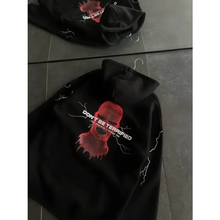 Kadın Kapüşonlu Kanguru Cepli Sweatshirt 3 İplik Pamuklu Baskılı Hoodie - Siyah