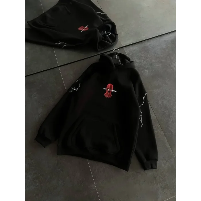 Kadın Kapüşonlu Kanguru Cepli Sweatshirt 3 İplik Pamuklu Baskılı Hoodie - Siyah