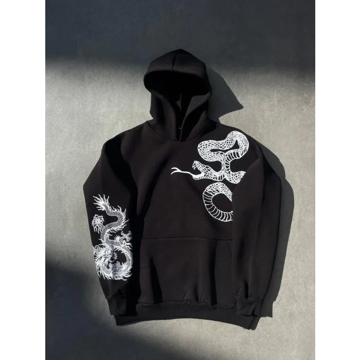 Kadın Oversize Kapüşonlu Cepli Baskılı 3 İplik Pamuklu Hoodie Sweatshirt - Siyah