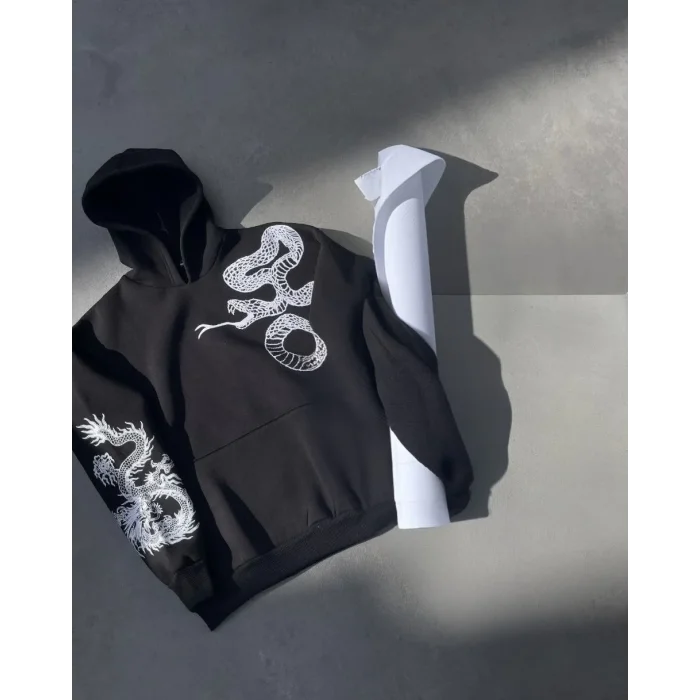 Kadın Oversize Kapüşonlu Cepli Baskılı 3 İplik Pamuklu Hoodie Sweatshirt - Siyah