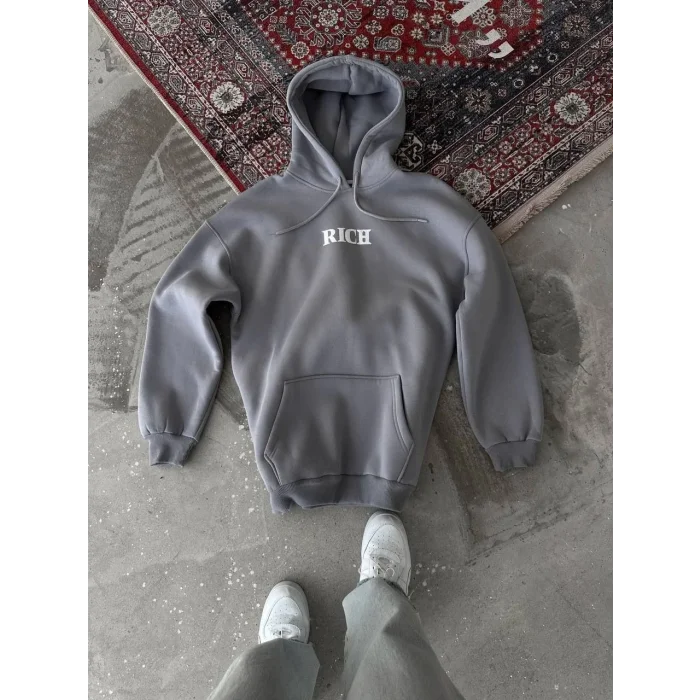 Kadın Kapüşonlu Kanguru Cepli Sweatshirt 3 İplik Pamuklu Baskılı Hoodie - Gri
