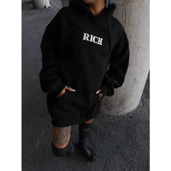 Kadın Kapüşonlu Kanguru Cepli Sweatshirt 3 İplik Pamuklu Baskılı Hoodie - Siyah