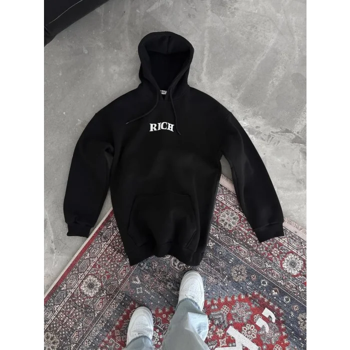Kadın Kapüşonlu Kanguru Cepli Sweatshirt 3 İplik Pamuklu Baskılı Hoodie - Siyah
