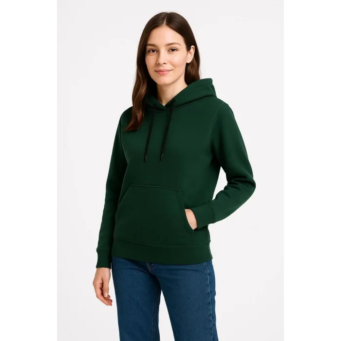 Kadın 3 İplik Pamuklu Kapüşonlu Kanguru Cepli Sweatshirt hoodie - Haki