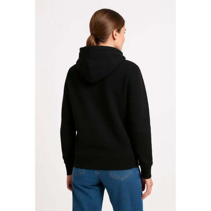 Kadın 3 İplik Pamuklu Kapüşonlu Kanguru Cepli Sweatshirt hoodie - Siyah