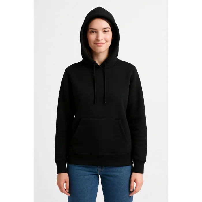 Kadın 3 İplik Pamuklu Kapüşonlu Kanguru Cepli Sweatshirt hoodie - Siyah