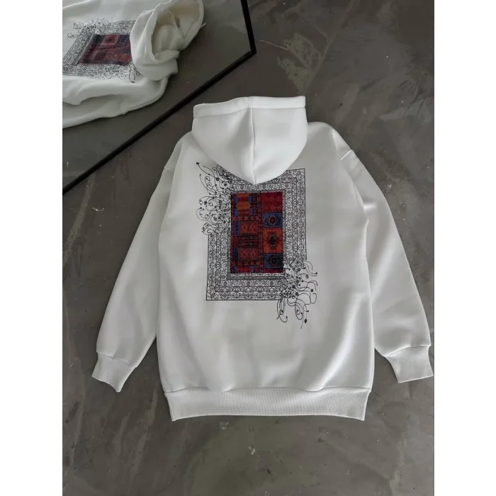 Kadın Kapüşonlu Kanguru Cepli Sweatshirt 3 İplik Pamuklu Baskılı Hoodie - Beyaz