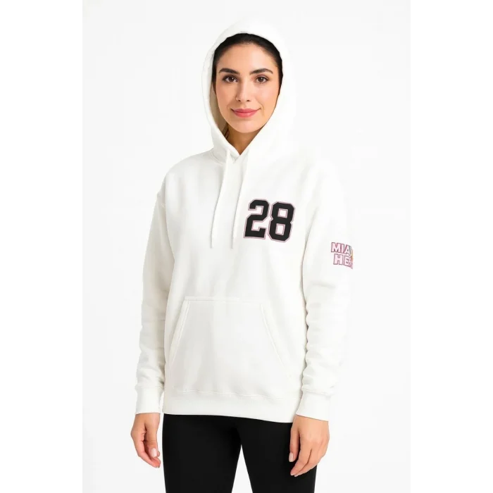 Kadın Kapüşonlu Kanguru Cepli Sweatshirt 3 İplik Pamuklu Baskılı Hoodie - Beyaz