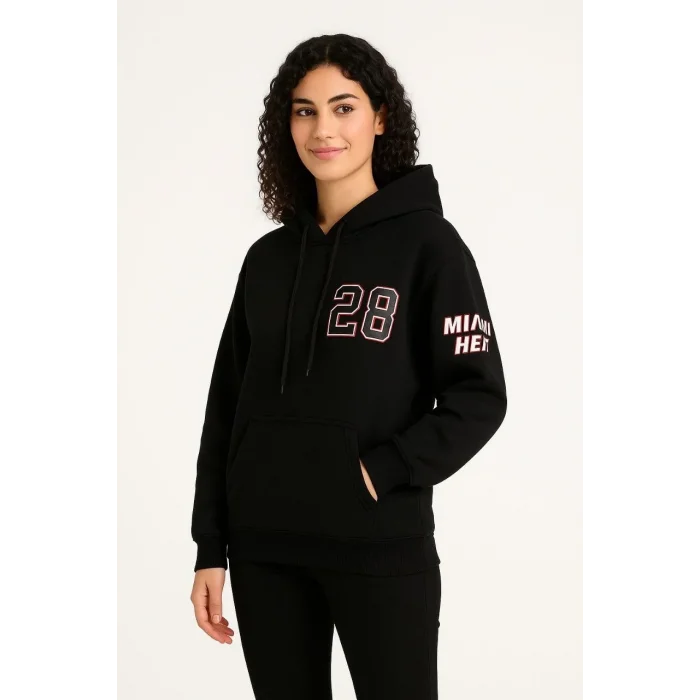 Kadın 3 İplik Pamuklu Kapüşonlu Kanguru Cepli Baskılı Hoodie Sweatshirt - Siyah
