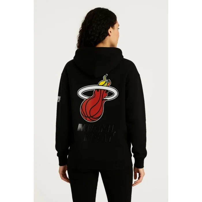 Kadın 3 İplik Pamuklu Kapüşonlu Kanguru Cepli Baskılı Hoodie Sweatshirt - Siyah