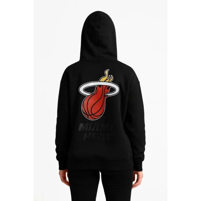 Kadın 3 İplik Pamuklu Kapüşonlu Kanguru Cepli Baskılı Hoodie Sweatshirt - Siyah