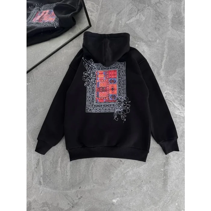 Kadın Kapüşonlu Kanguru Cepli Sweatshirt 3 İplik Pamuklu Baskılı Hoodie - Siyah