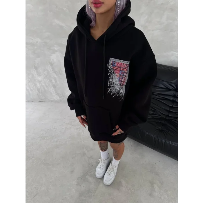 Kadın Kapüşonlu Kanguru Cepli Sweatshirt 3 İplik Pamuklu Baskılı Hoodie - Siyah