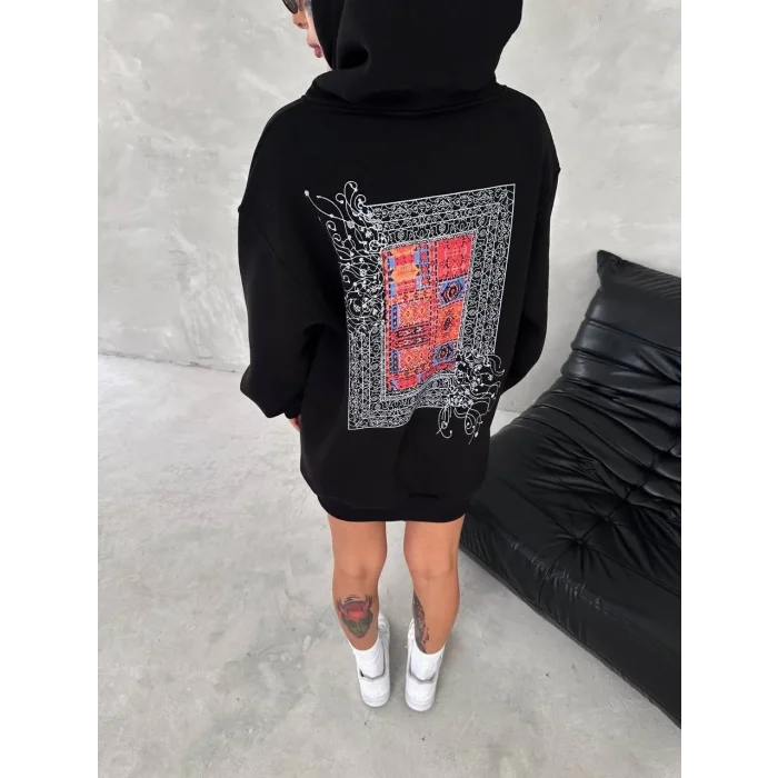 Kadın Kapüşonlu Kanguru Cepli Sweatshirt 3 İplik Pamuklu Baskılı Hoodie - Siyah