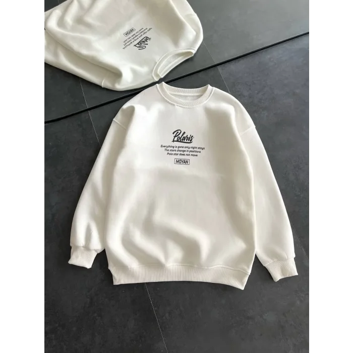 Kadın 3 iplik Pamuklu Bisiklet Yaka Baskılı SweatShirt - Beyaz