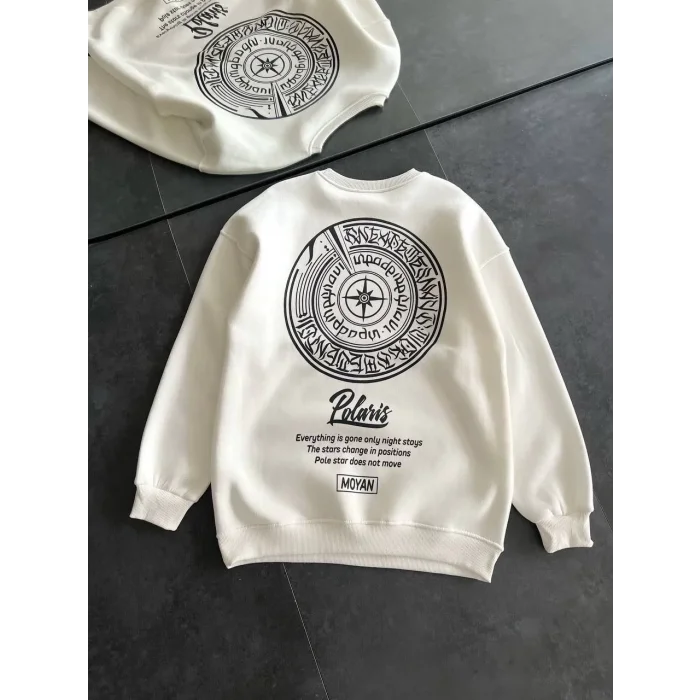 Kadın 3 iplik Pamuklu Bisiklet Yaka Baskılı SweatShirt - Beyaz