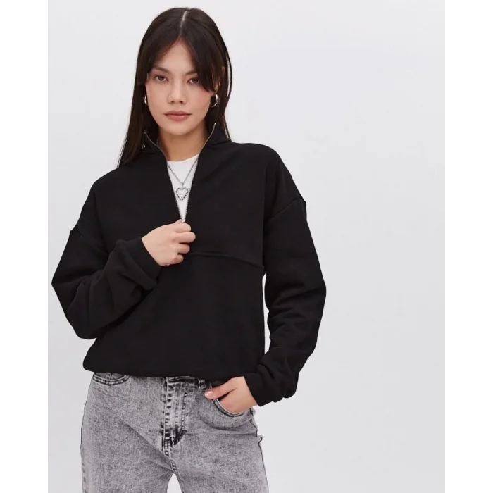Kadın 3 İplik Pamuklu Oversize Yarım Fermuarlı Yakalı Basic Sweatshirt - Siyah