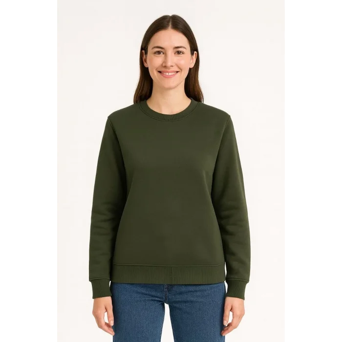 Kadın 3 İplik Pamuklu Düz Bisiklet Yaka SweatShirt - Haki