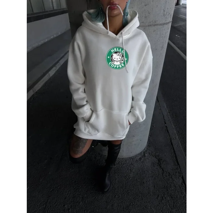 Kadın Oversize Kapüşonlu Kanguru Cepli Baskılı 3 İplik Pamuklu Sweatshirt Hoodie -   Beyaz