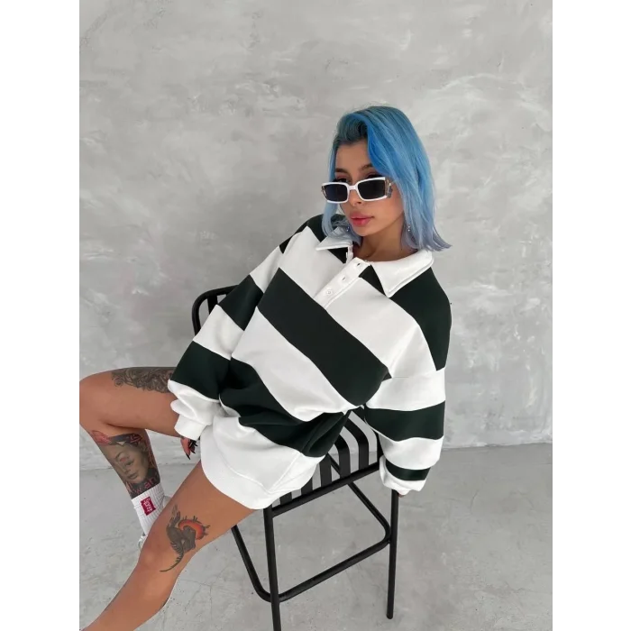 Kadın 3 iplik Pamuklu Parçalı Yakalı SweatShirt - Yeşil