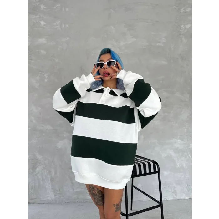 Kadın 3 iplik Pamuklu Parçalı Yakalı SweatShirt - Yeşil