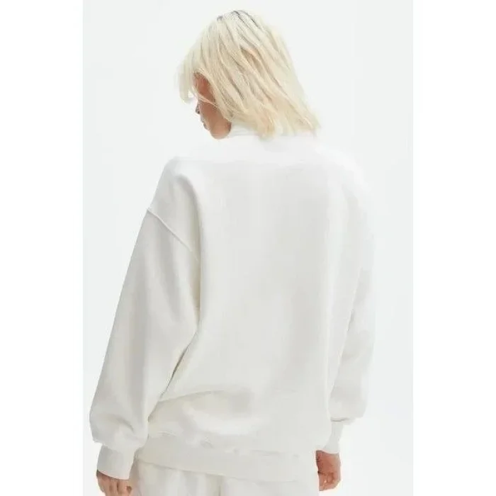 Kadın 3 İplik Pamuklu Oversize Yarım Fermuarlı Yakalı Basic Sweatshirt - Beyaz