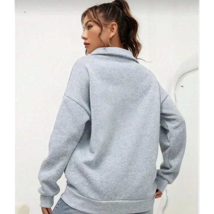 Kadın 3 iplik Pamuklu Uzun Kol Yarım Farmuarlı Yakalı  SweatShirt - Gri