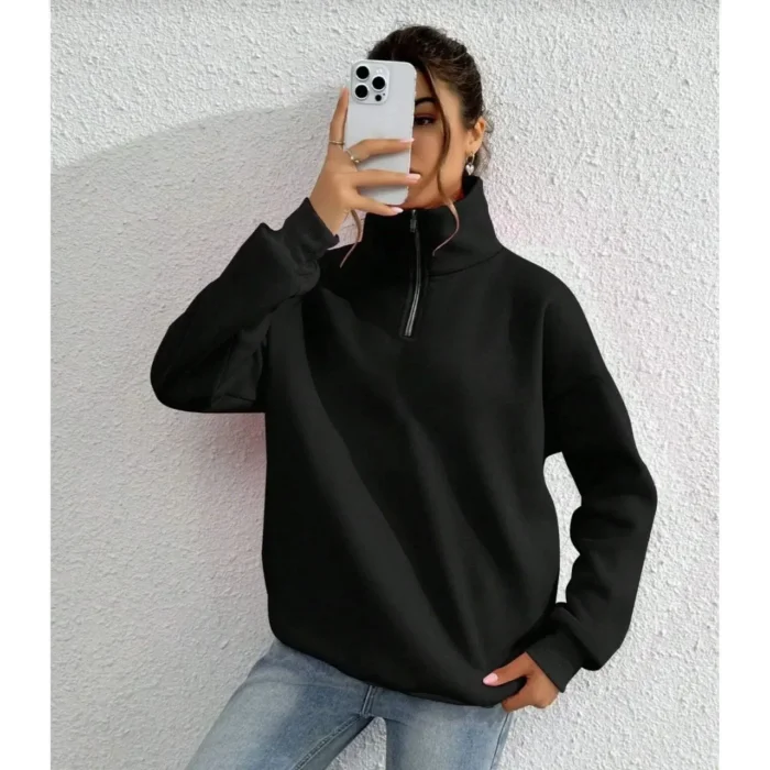 Kadın 3 iplik Pamuklu Uzun Kol Yarım Farmuarlı Yakalı SweatShirt - Siyah