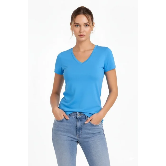 Kadın T-Shirt V Yaka Slim Fit Likralı Tişört Yazlık Basic Body - Açık Mavi
