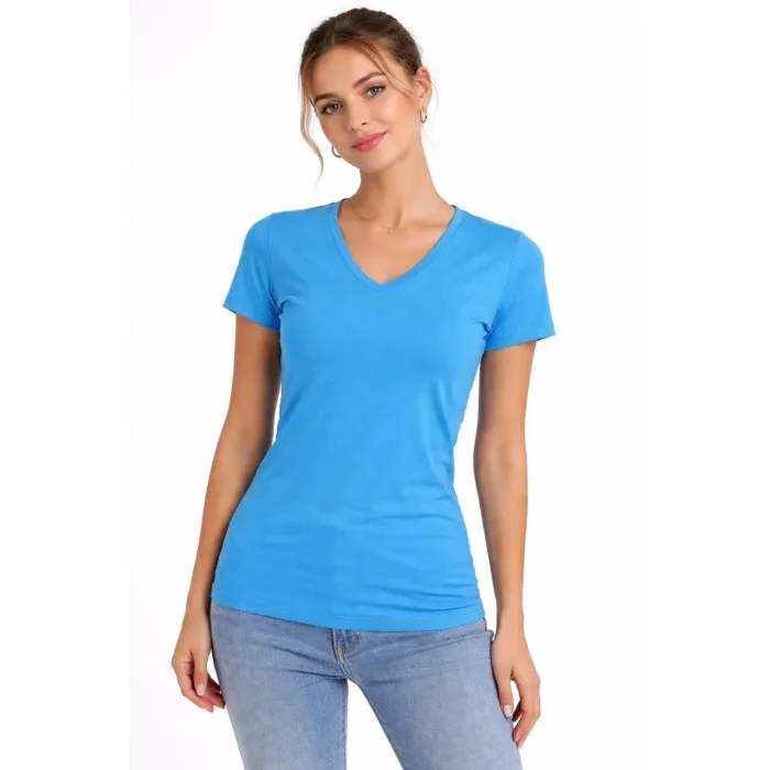Kadın T-Shirt V Yaka Slim Fit Likralı Tişört Yazlık Basic Body - Açık Mavi
