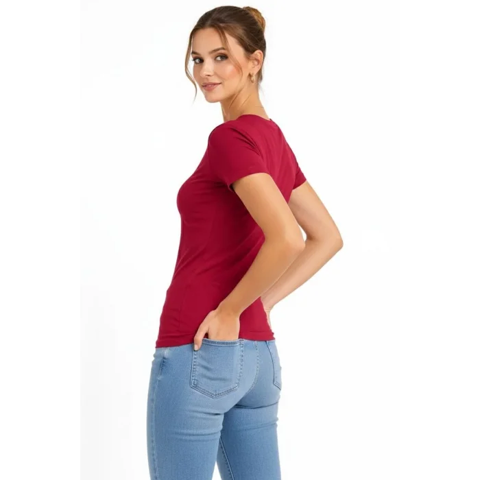 Kadın T-Shirt V Yaka Slim Fit Likralı Tişört Yazlık Basic Body - Bordo