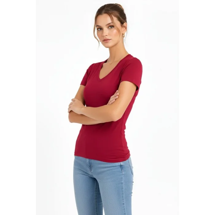Kadın T-Shirt V Yaka Slim Fit Likralı Tişört Yazlık Basic Body - Bordo
