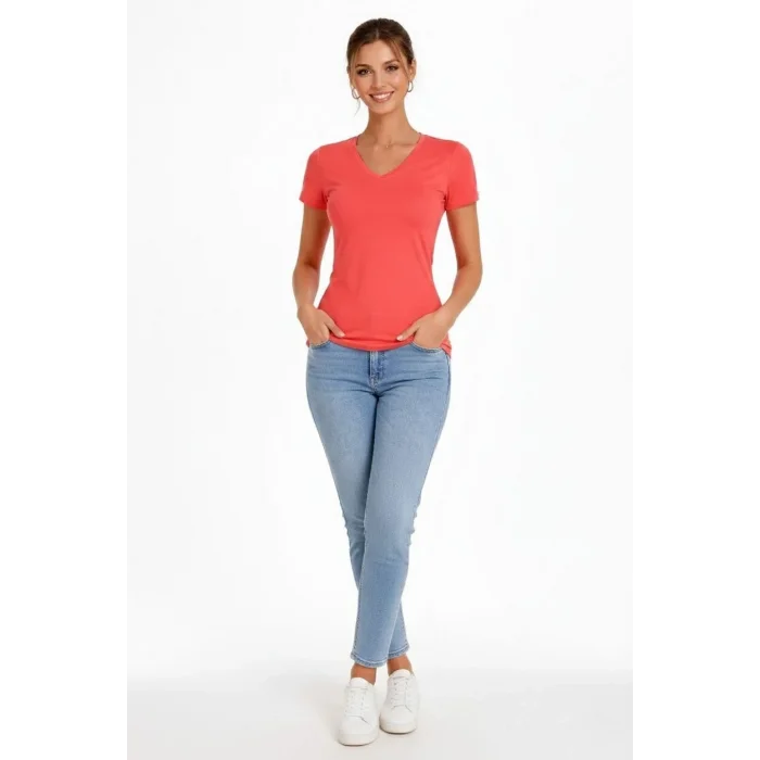 Kadın T-Shirt V Yaka Slim Fit Likralı Tişört Yazlık Basic Body - Nar Çiçeği
