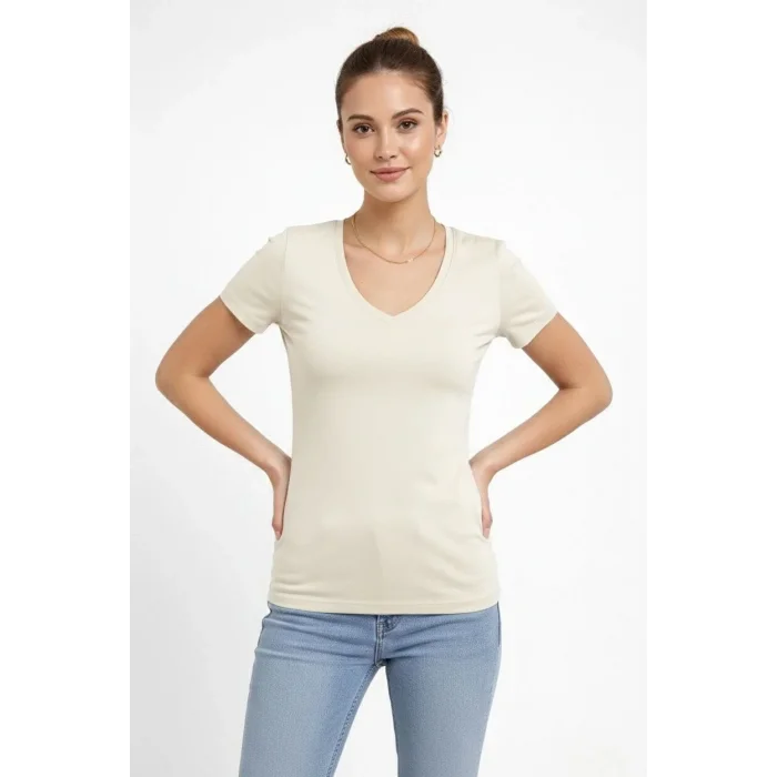 Kadın T-Shirt V Yaka Slim Fit Likralı Tişört Yazlık Basic Body - Taş