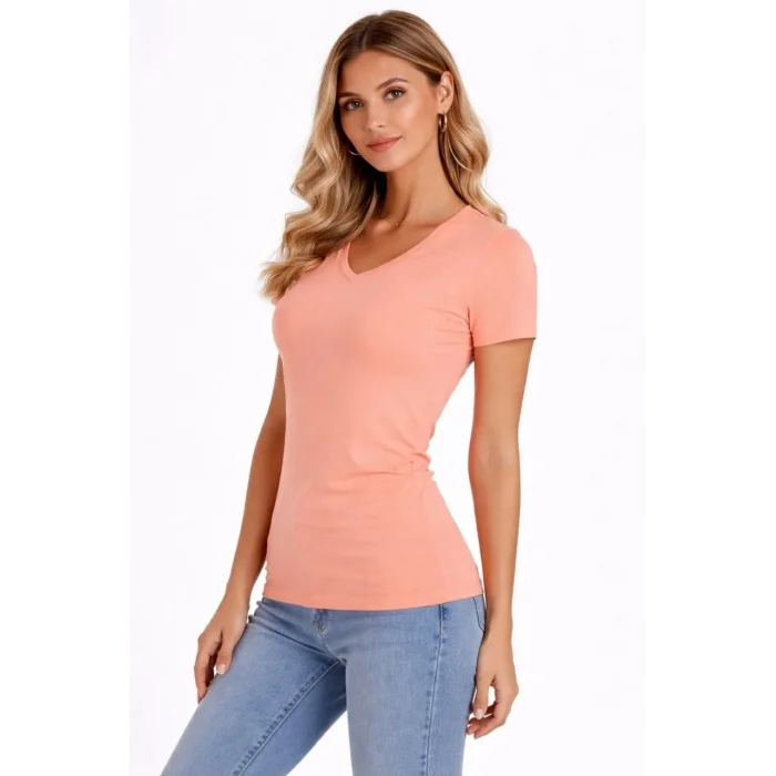 Kadın T-Shirt V Yaka Slim Fit Likralı Tişört Yazlık Basic Body - Toz Pembe