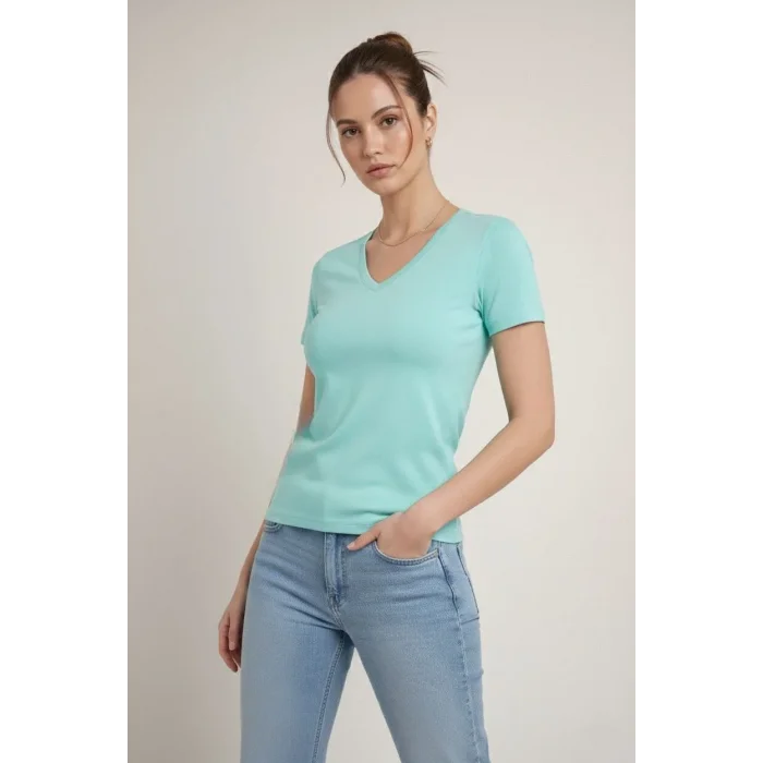 Kadın T-Shirt V Yaka Slim Fit Likralı Tişört Yazlık Basic Body - Turkuvaz