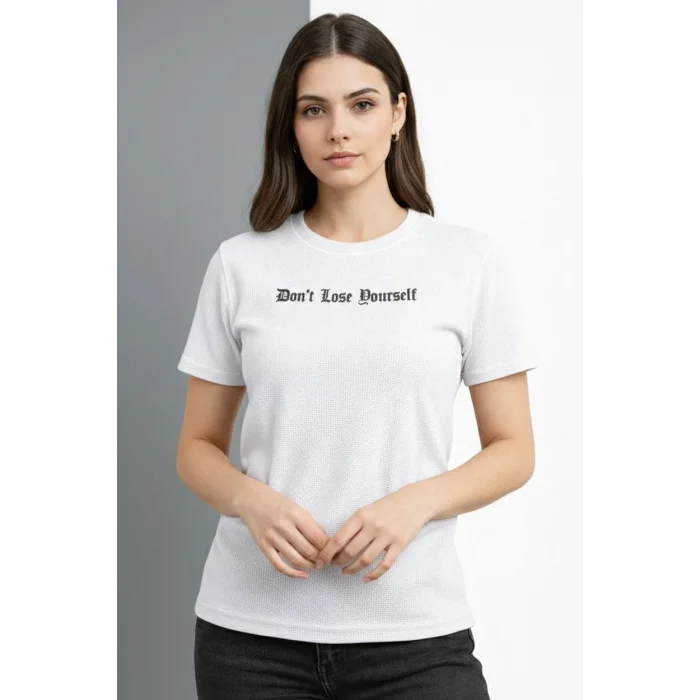 Kadın Wafıl Kumaş Tişört Regular Kalıp Bisiklet Yaka Baskılı T-Shirt - Beyaz