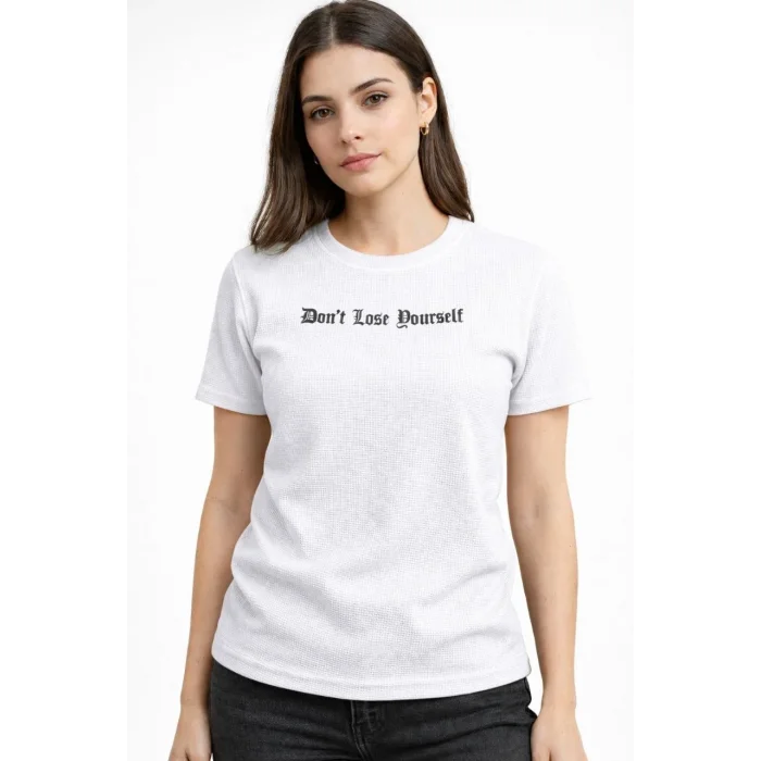Kadın Wafıl Kumaş Tişört Regular Kalıp Bisiklet Yaka Baskılı T-Shirt - Beyaz