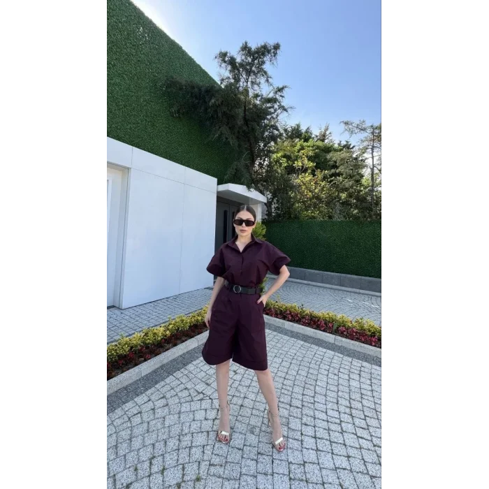 Kadın Yakalı Gömlek Kemerli Şortlu Alt-Üst Takım - Bordo
