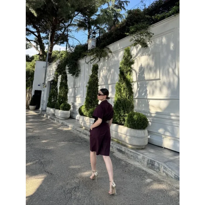 Kadın Yakalı Gömlek Kemerli Şortlu Alt-Üst Takım - Bordo