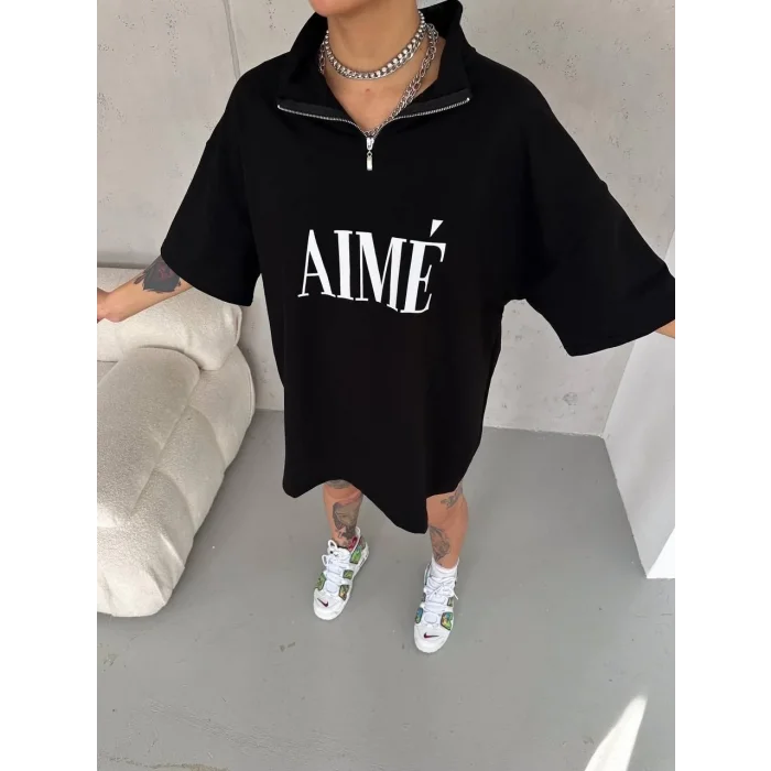 Kadın Yarım Fermuarlı Tişört Baskılı T-Shirt - Siyah