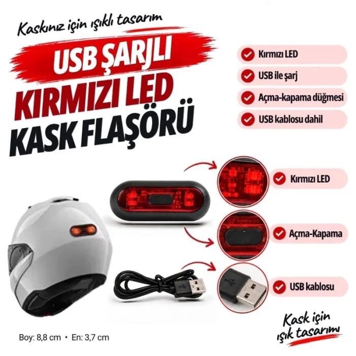 Kırmızı LED Kask Flaşörü - USB Şarjlı - Kask Aydınlatma Işığı