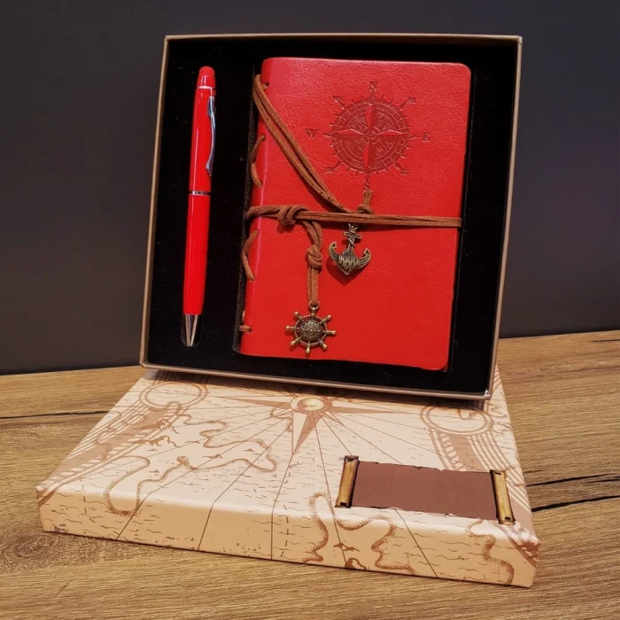 Kırmızı Pusula Tasarım Deri Defter Ve Touchpen Kalem Seti