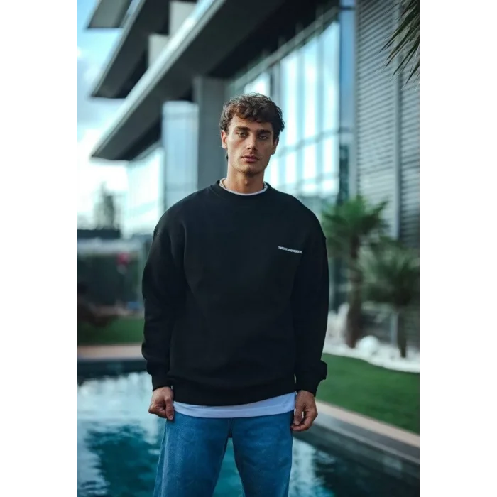 Erkek 3 iplik Pamuklu Bisiklet Yaka Oversize Baskılı SweatShirt - Siyah