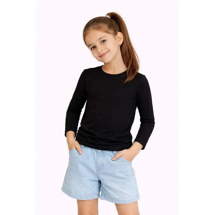 Kız Çocuk Basic Uzun Kollu Tişört Okul Günlük Rahat T-Shirt - Siyah