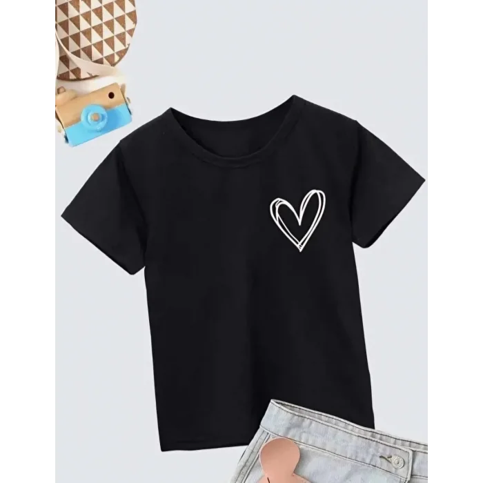 Kız Çocuk Bisiklet Yaka Baskılı T-Shirt - Siyah
