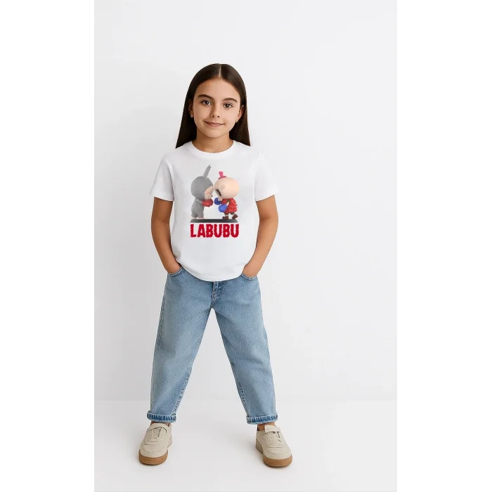 Kız Labubu Çocuk Baskılı T-Shirt - Beyaz