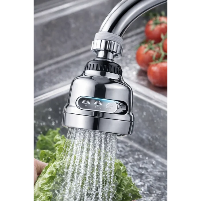 Krom 3 Fonksiyonlu 360° Döner Su Tasarruflu Musluk Başlığı Mutfak Evye ve Lavabo İçin Batarya Ucu