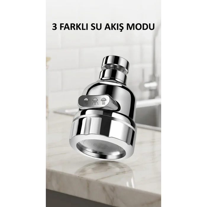 Krom 3 Fonksiyonlu Döner Su Tasarruflu Musluk Başlığı Mutfak ve Banyo