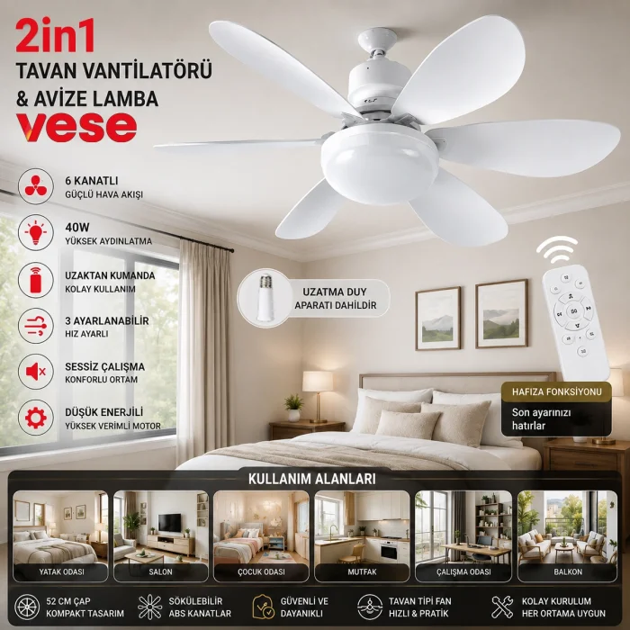 Kumandalı 2si1 Arada Tavan Vantilatör Avize 40W 6 Kanat